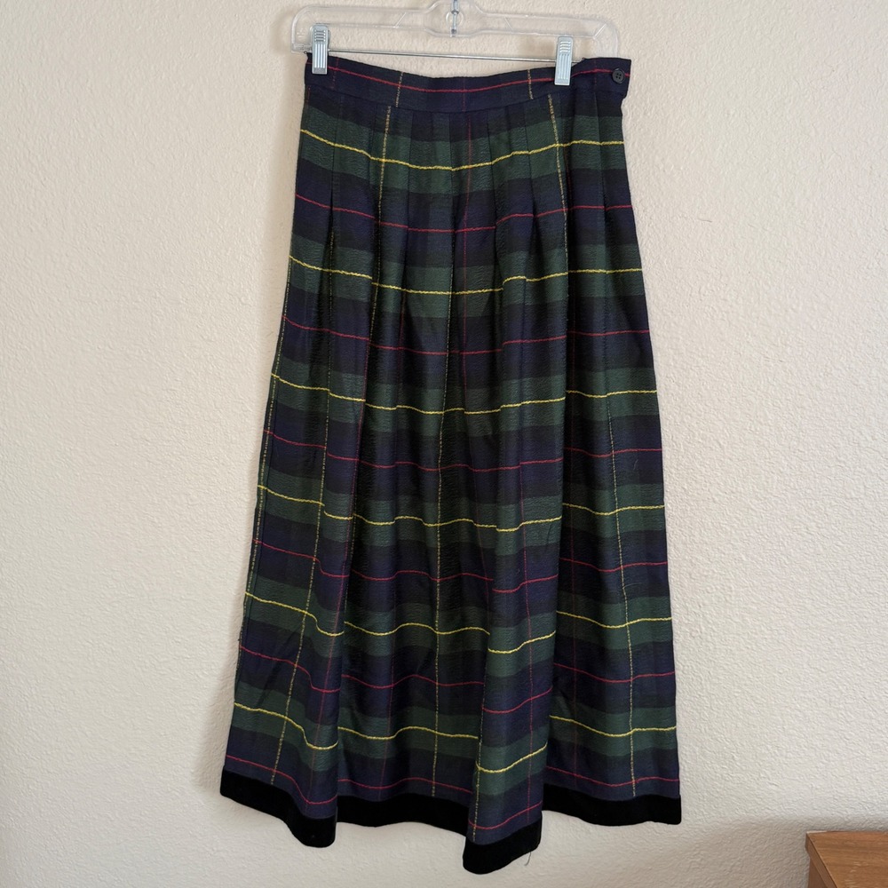 Vintage Dark Academia Preppy Tartan Maxi Skirt Green Wool Blend Velvet Size 10 - Picture 2 of 7